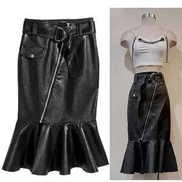 💥STUNNING!💥 Black Leather Asymmetrical Zip Belted Mermaid Skirt - Picture 1 of 14